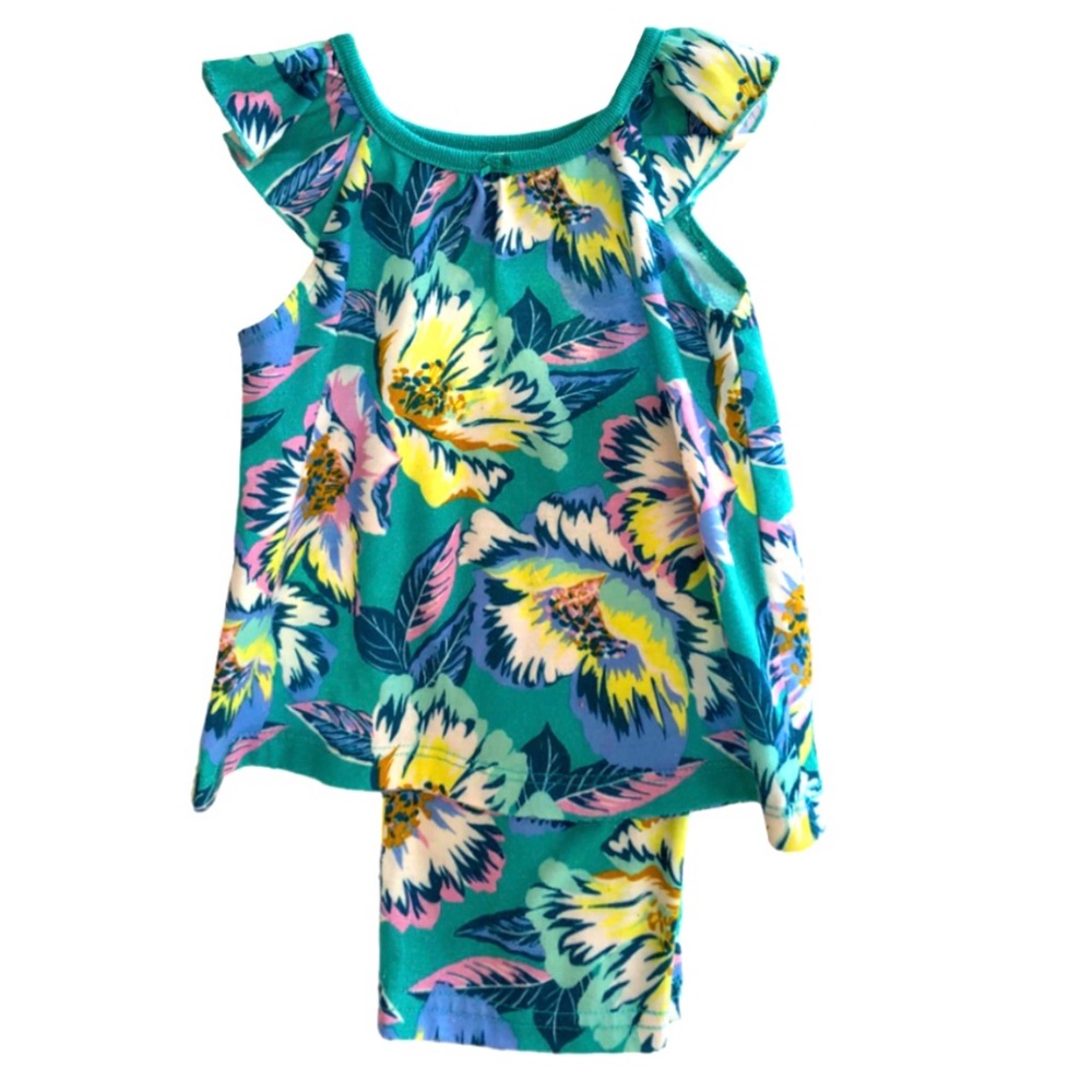 • Two-Piece Tropical Floral Print Turquoise Top & Bottom Set